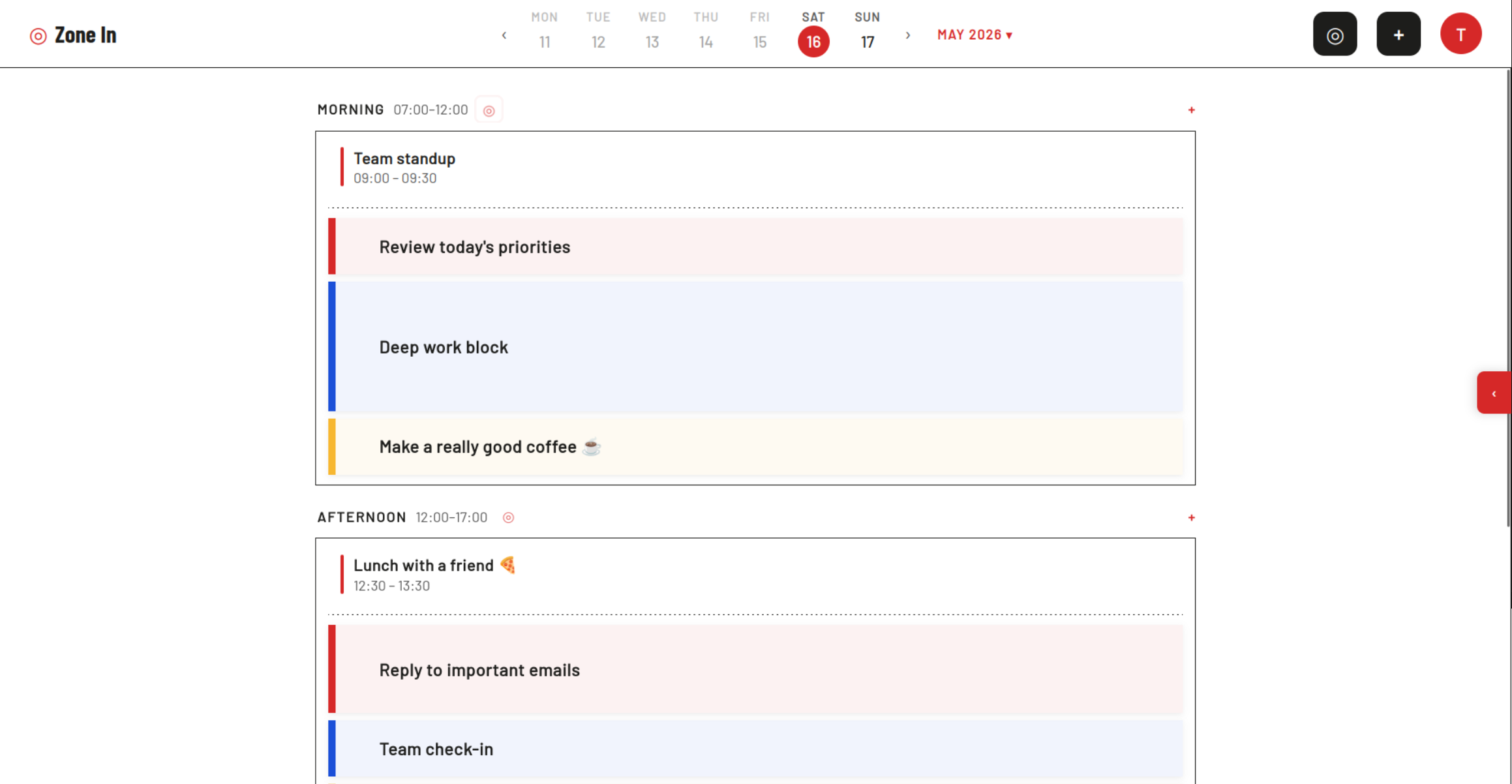 Zone In calendar